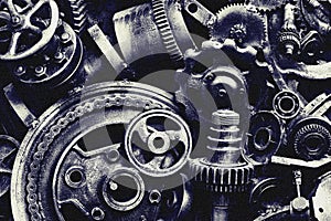 Steampunk background, machine and mechanical parts, large gears and chains from machines and tractors.