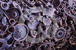 Steampunk background, machine and mechanical parts, large gears and chains from machines and tractors.