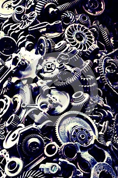 Steampunk background, machine and mechanical parts, large gears and chains from machines and tractors.