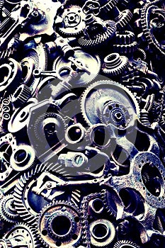 Steampunk background, machine and mechanical parts, large gears and chains from machines and tractors.