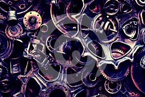 Steampunk background, machine and mechanical parts, large gears and chains from machines and tractors.