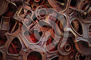Steampunk background, machine and mechanical parts, large gears and chains from machines and tractors.