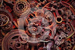 Steampunk background, machine and mechanical parts, large gears and chains from machines and tractors.