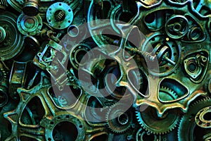 Steampunk background, machine and mechanical parts, large gears and chains from machines and tractors.