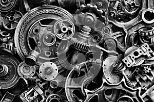 Steampunk background, machine and mechanical parts, large gears and chains from machines and tractors.