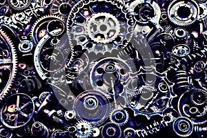 Steampunk background, machine and mechanical parts, large gears and chains from machines and tractors.