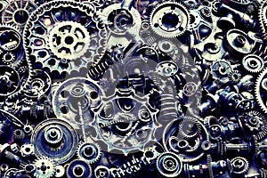Steampunk background, machine and mechanical parts, large gears and chains from machines and tractors.