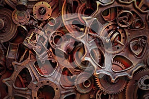 Steampunk background, machine and mechanical parts, large gears and chains from machines and tractors.