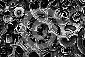 Steampunk background, machine and mechanical parts, large gears and chains from machines and tractors.