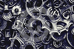 Steampunk background, machine and mechanical parts, large gears and chains from machines and tractors.