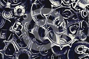 Steampunk background, machine and mechanical parts, large gears and chains from machines and tractors.