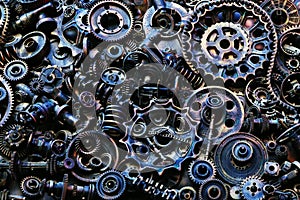 Steampunk background, machine parts, large gears and chains from machines and tractors.