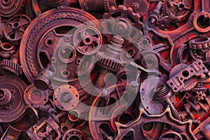 Steampunk background, machine parts, large gears and chains from machines and tractors.