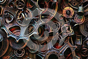 Steampunk background, machine parts, large gears and chains from machines and tractors.