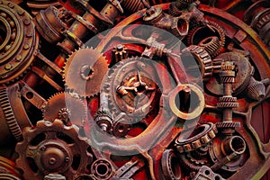 Steampunk background, machine parts, large gears and chains from machines and tractors.