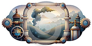 Steampunk background with rusty pipes and gears, illustration in grainy style, on white background. AI generated.