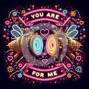 steampunk bee king and queen in love neon sign valentines illustration concept rusty background