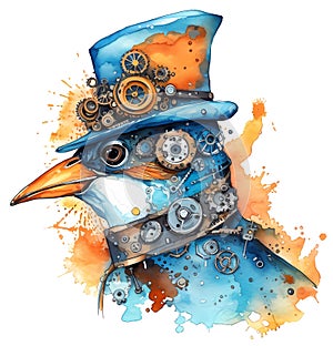 Steampunk bird in blue hat with glasses in a watercolor style. Orange and navy blue fantasy animals illustration. Created with