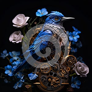 Steampunk blue bird nature  flowers scene black background