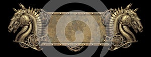 Steampunk brass banner with mechanical horse heads