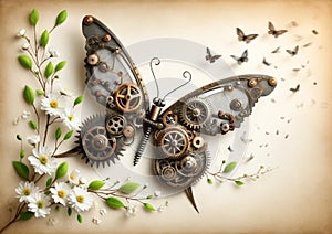 Steampunk Butterfly Illustration with Gears and Flowers