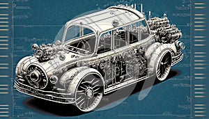 Steampunk Car Graphic Design Blueprint