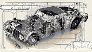 Steampunk Car Graphic Design Blueprint