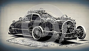 Steampunk Car Graphic Design Blueprint