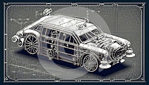 Steampunk Car Graphic Design Blueprint