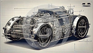 Steampunk Car Graphic Design Blueprint