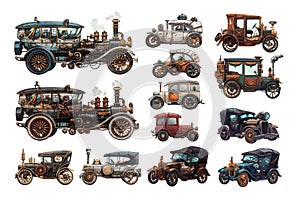 Steampunk cars cartoon vector set. Transport retro four wheeled steam engine vehicles tubes chariot machinery