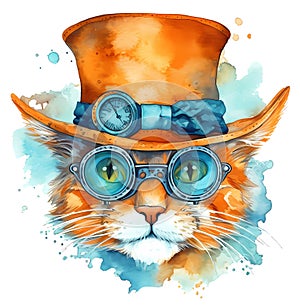 Steampunk cat in red hat with glasses in a watercolor style. Orange and blue fantasy animals illustration. Created with Generative