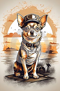 Steampunk Chihuahua Dreams: Vintage Retro Sunset Distressed Design in Adorable Cartoon Style