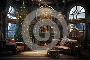Steampunk christmas room space decoration. Generate Ai
