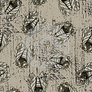 Steampunk Cicada on White Background. Retro Seamless Pattern with Steampunk Cicada.