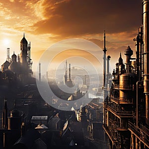 Steampunk city industrial cityscape background