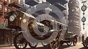 Steampunk cityscape. AI generated cinematic video