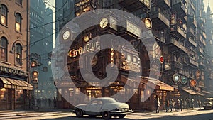 Steampunk cityscape. AI generated cinematic video