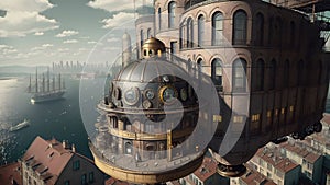 Steampunk cityscape with air balloon in sky. AI generated cinematic video
