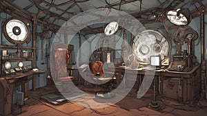 A steampunk clinic medical exam room with a generic chair, table, and computer terminals.