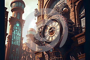 Steampunk clock city landscape, generative ai