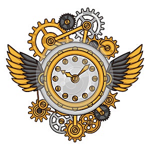 Steampunk clock collage of metal gears in doodle