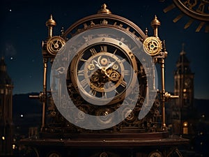 A steampunk clock with gears and cogs that turn and whir, set against a backdrop of a Victorian factory. Generative AI