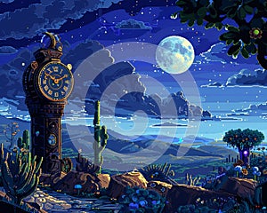 Steampunk clock in an oasis setting, pixel art cobalt sky and mythological origami figures under moonlight