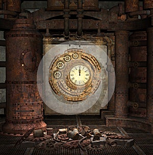 Steampunk clock old room with gears, cogs and rusty pipes