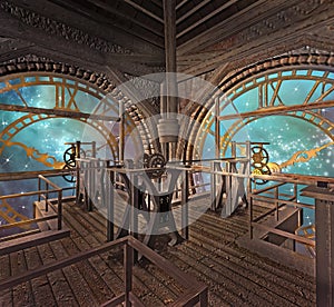 Steampunk clock room in a magic starry night