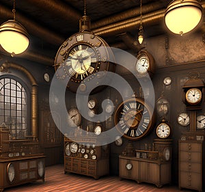 Steampunk clock shop, Generative AI Illustration