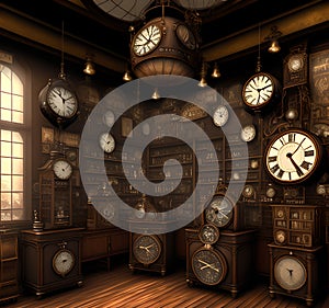 Steampunk clock shop, Generative AI Illustration