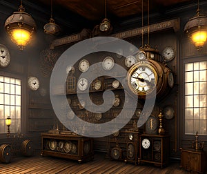 Steampunk clock shop, Generative AI Illustration