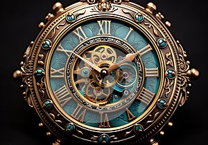 Steampunk clock in turquoise and gold, with gears. Resolute and textural contrast. AI generated
